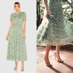 Mac Duggal 8014 Ruffle Tiered Short Sleeve A-Line Dress NWT Sage Multi